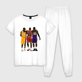 Женская пижама хлопок с принтом Kobe Michael LeBron , 100% хлопок | брюки и футболка прямого кроя, без карманов, на брюках мягкая резинка на поясе и по низу штанин | basketball | black | bryant | bulls | chicago | game | james | jordan | kobe | lakers | lebron | los angeles | michael | nba | rip | sla | баскетбол | баскетболист | брайант | буллс | джеймс | джордан | игрок | коби | леброн | лейкерс | лос андж