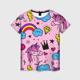 Женская футболка 3D с принтом Единороги , 100% полиэфир ( синтетическое хлопкоподобное полотно) | прямой крой, круглый вырез горловины, длина до линии бедер | pink | единорог | единорожки | звезда | корона | лето | лошадка | лошадь | надпись | облака | радуга | радужный | сердечки | символы