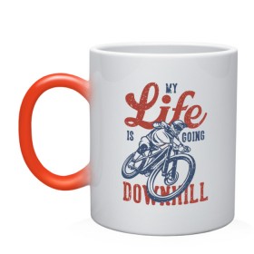 Кружка хамелеон с принтом My Life is Going Downhill , керамика | меняет цвет при нагревании, емкость 330 мл | art | bike | cycling | cyclist | great | helmet | man | sports | арт | байк | велик | велосипед | велосипедист | велоспорт | спорт | человек | шлем