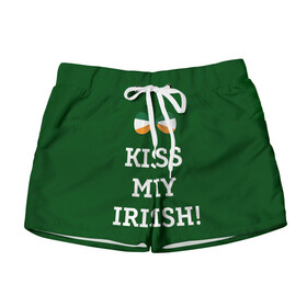 Женские шорты 3D с принтом Kiss my Irish , 100% полиэстер | прямой крой, два кармана без застежек по бокам. Мягкая трикотажная резинка на поясе, внутри которой широкие завязки. Длина до середины бедра | Тематика изображения на принте: британия | день святого патрика | золото | ирландия