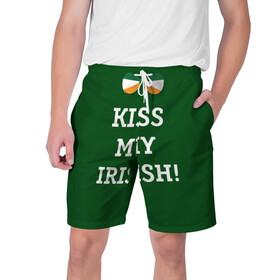 Мужские шорты 3D с принтом Kiss my Irish ,  полиэстер 100% | прямой крой, два кармана без застежек по бокам. Мягкая трикотажная резинка на поясе, внутри которой широкие завязки. Длина чуть выше колен | британия | день святого патрика | золото | ирландия