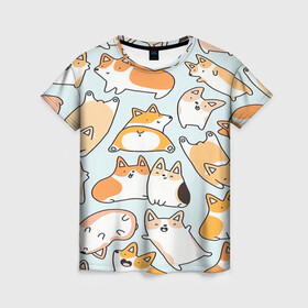 Женская футболка 3D с принтом Корги  , 100% полиэфир ( синтетическое хлопкоподобное полотно) | прямой крой, круглый вырез горловины, длина до линии бедер | dog. корги | dogs | весёлые собачки | милые собачки | прикольные собачки | собаки | собачки