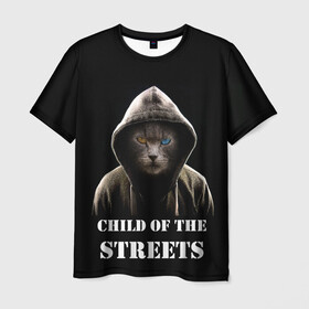 Мужская футболка 3D с принтом Дитя улиц , 100% полиэфир | прямой крой, круглый вырез горловины, длина до линии бедер | cat | gangster | балахон | глаза | дитя улиц | кот | котик | крутой | крутой принт | принт | с надписью | топ | тренд