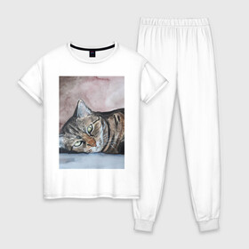 Женская пижама хлопок с принтом Барсик , 100% хлопок | брюки и футболка прямого кроя, без карманов, на брюках мягкая резинка на поясе и по низу штанин | полосатый кот. рисунок акварелью