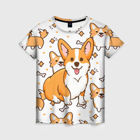 Женская футболка 3D с принтом Корги , 100% полиэфир ( синтетическое хлопкоподобное полотно) | прямой крой, круглый вырез горловины, длина до линии бедер | dog. корги | dogs | весёлые собачки | милые собачки | прикольные собачки | собаки | собачки