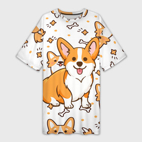 Платье-футболка 3D с принтом Корги ,  |  | dog. корги | dogs | весёлые собачки | милые собачки | прикольные собачки | собаки | собачки