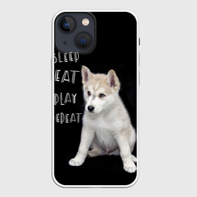 Чехол для iPhone 13 mini с принтом Sleep Eat Play Repeat (Хаски) ,  |  | Тематика изображения на принте: dog | husky | puppy | siberian husky | sleep eat play repeat | белая собака | белый щенок | ездовая собака | кружка | лайка | лайка щенок | подушка | сибирский хаски | собака | собачья жизнь | сумка | термокружка | фартук