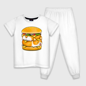 Детская пижама хлопок с принтом Корги , 100% хлопок |  брюки и футболка прямого кроя, без карманов, на брюках мягкая резинка на поясе и по низу штанин
 | Тематика изображения на принте: art | burger | chees | corgi | dog | арт | бургер | еда | корги | миска | собака | сыр | чизбургер