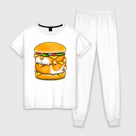 Женская пижама хлопок с принтом Корги , 100% хлопок | брюки и футболка прямого кроя, без карманов, на брюках мягкая резинка на поясе и по низу штанин | art | burger | chees | corgi | dog | арт | бургер | еда | корги | миска | собака | сыр | чизбургер