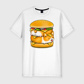 Мужская футболка хлопок Slim с принтом Корги , 92% хлопок, 8% лайкра | приталенный силуэт, круглый вырез ворота, длина до линии бедра, короткий рукав | art | burger | chees | corgi | dog | арт | бургер | еда | корги | миска | собака | сыр | чизбургер