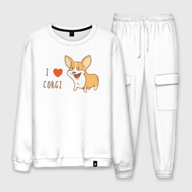 Мужской костюм хлопок с принтом I LOVE CORGI , 100% хлопок | на свитшоте круглая горловина, мягкая резинка по низу. Брюки заужены к низу, на них два вида карманов: два “обычных” по бокам и два объемных, с клапанами, расположенные ниже линии бедра. Брюки с мягкой трикотажной резинкой на поясе и по низу штанин. В поясе для дополнительного комфорта — широкие завязки | Тематика изображения на принте: animals | corgi | dogs | pets | puppies | queen | животные | корги | королева | песики | питомцы | собаки | щенки