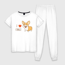 Женская пижама хлопок с принтом I LOVE CORGI , 100% хлопок | брюки и футболка прямого кроя, без карманов, на брюках мягкая резинка на поясе и по низу штанин | animals | corgi | dogs | pets | puppies | queen | животные | корги | королева | песики | питомцы | собаки | щенки