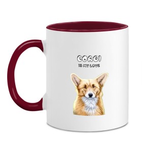 Кружка двухцветная с принтом Corgi is my Love , керамика | объем — 330 мл, диаметр — 80 мм. Цветная ручка и кайма сверху, в некоторых цветах — вся внутренняя часть | corgi | corgi is my love | корги | собака