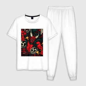 Мужская пижама хлопок с принтом God of thunder , 100% хлопок | брюки и футболка прямого кроя, без карманов, на брюках мягкая резинка на поясе и по низу штанин
 | art | demon | god | japan | monster | shinto | арт | бог | демон | иллюстрация | монстр | япония | японский