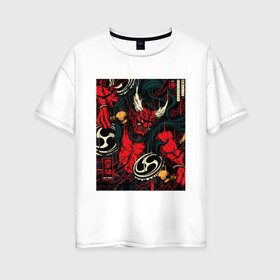Женская футболка хлопок Oversize с принтом God of thunder , 100% хлопок | свободный крой, круглый ворот, спущенный рукав, длина до линии бедер
 | art | demon | god | japan | monster | shinto | арт | бог | демон | иллюстрация | монстр | япония | японский