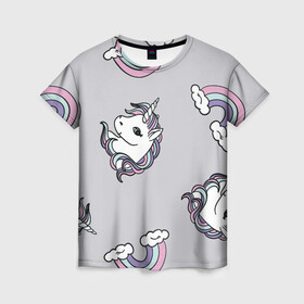 Женская футболка 3D с принтом Радужный единорог , 100% полиэфир ( синтетическое хлопкоподобное полотно) | прямой крой, круглый вырез горловины, длина до линии бедер | unicorn | единорог | лошади | лошадь | пони | радуга