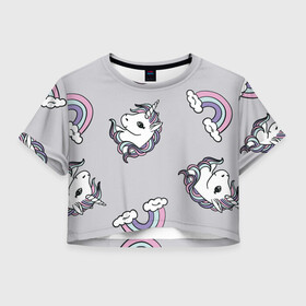 Женская футболка Crop-top 3D с принтом Радужный единорог , 100% полиэстер | круглая горловина, длина футболки до линии талии, рукава с отворотами | unicorn | единорог | лошади | лошадь | пони | радуга