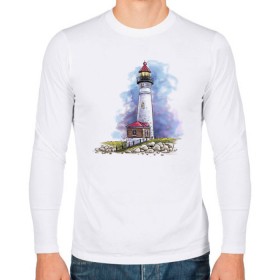 Мужской лонгслив хлопок с принтом Crisp Point Lighthouse , 100% хлопок |  | Тематика изображения на принте: art | katie batz | lighthouse | достопримечательности | маяк | море | отдых | пляж | туристы