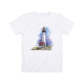 Детская футболка хлопок с принтом Crisp Point Lighthouse , 100% хлопок | круглый вырез горловины, полуприлегающий силуэт, длина до линии бедер | art | katie batz | lighthouse | достопримечательности | маяк | море | отдых | пляж | туристы