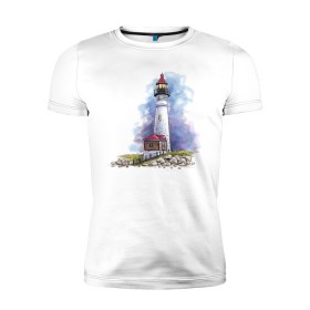 Мужская футболка премиум с принтом Crisp Point Lighthouse , 92% хлопок, 8% лайкра | приталенный силуэт, круглый вырез ворота, длина до линии бедра, короткий рукав | art | katie batz | lighthouse | достопримечательности | маяк | море | отдых | пляж | туристы
