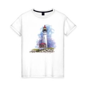 Женская футболка хлопок с принтом Crisp Point Lighthouse , 100% хлопок | прямой крой, круглый вырез горловины, длина до линии бедер, слегка спущенное плечо | art | katie batz | lighthouse | достопримечательности | маяк | море | отдых | пляж | туристы
