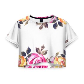 Женская футболка Crop-top 3D с принтом Розы , 100% полиэстер | круглая горловина, длина футболки до линии талии, рукава с отворотами | flowers | pink | бутоны | весна | лето | листья | природа | роза | розовые | розы | цветок | цветочки | цветы