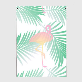 Постер с принтом Фламинго в джунглях , 100% бумага
 | бумага, плотность 150 мг. Матовая, но за счет высокого коэффициента гладкости имеет небольшой блеск и дает на свету блики, но в отличии от глянцевой бумаги не покрыта лаком | арт | джунгли | лес | леса | пальма | пальмы | папоротник | розовый фламинго | фламинго