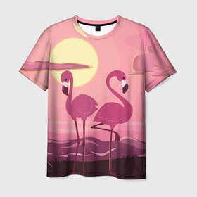 Мужская футболка 3D с принтом фламинго , 100% полиэфир | прямой крой, круглый вырез горловины, длина до линии бедер | Тематика изображения на принте: flamingo | pink | арт | животные | искусство | картина | пейзаж | природа | пруд | рисунок | розовый | фламинго