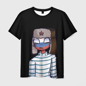 Мужская футболка 3D с принтом CountryHumans - Россия , 100% полиэфир | прямой крой, круглый вырез горловины, длина до линии бедер | 23 | army | country | countryhumans | humans | memes | patriot | russia | армия | звезда | красная | мем | патриот | россия | страна | тельняшка | флаг | человечек | шапка