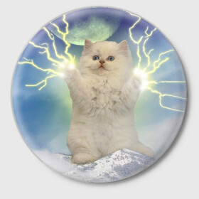 Значок с принтом Грозовой Котик ,  металл | круглая форма, металлическая застежка в виде булавки | cat | cats | memes | гроза | грозовой | грозовой кошак | животные | кот | котенок | котик | котята | кошак | кошка | мем | мемы | молнии | молния | прикол | прикольные