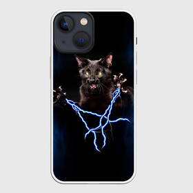 Чехол для iPhone 13 mini с принтом Грозовой кошак(громовержец) ,  |  | Тематика изображения на принте: грозовой | громовержец | кот | кошак | молнии | разряды | черный