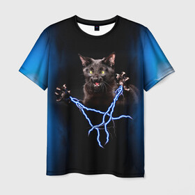 Мужская футболка 3D с принтом Грозовой кошак(громовержец) , 100% полиэфир | прямой крой, круглый вырез горловины, длина до линии бедер | грозовой | громовержец | кот | кошак | молнии | разряды | черный
