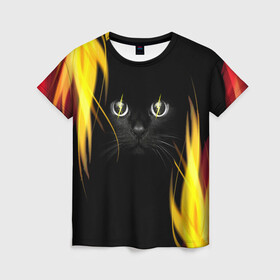 Женская футболка 3D с принтом Грозовой кошак , 100% полиэфир ( синтетическое хлопкоподобное полотно) | прямой крой, круглый вырез горловины, длина до линии бедер | глаза | грозовой | кот | кошак | молнии | пламя | разряды | черный