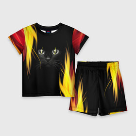 Детский костюм с шортами 3D с принтом Грозовой кошак ,  |  | глаза | грозовой | кот | кошак | молнии | пламя | разряды | черный