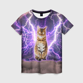 Женская футболка 3D с принтом Котушка Теслы , 100% полиэфир ( синтетическое хлопкоподобное полотно) | прямой крой, круглый вырез горловины, длина до линии бедер | cat | lightning | lightning cat | tesla | арт с котом | грозовой кошак | катушка теслы | кот | кот мем | котейка | котушка теслы | котяра | кошак | кошка | мем с котом | молнии | тесла