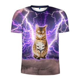 Мужская футболка 3D спортивная с принтом Котушка Теслы , 100% полиэстер с улучшенными характеристиками | приталенный силуэт, круглая горловина, широкие плечи, сужается к линии бедра | cat | lightning | lightning cat | tesla | арт с котом | грозовой кошак | катушка теслы | кот | кот мем | котейка | котушка теслы | котяра | кошак | кошка | мем с котом | молнии | тесла