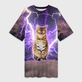Платье-футболка 3D с принтом Котушка Теслы ,  |  | cat | lightning | lightning cat | tesla | арт с котом | грозовой кошак | катушка теслы | кот | кот мем | котейка | котушка теслы | котяра | кошак | кошка | мем с котом | молнии | тесла
