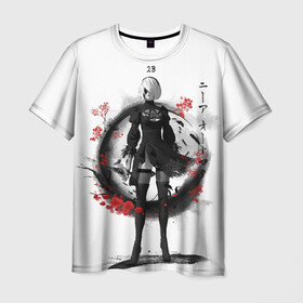 Мужская футболка 3D с принтом 2B Ink Sakura dawn , 100% полиэфир | прямой крой, круглый вырез горловины, длина до линии бедер | 2a | 2b | 9s | andoird | ink | japanese | kanji | nier automata | nuar | sakura | yohra | андроид | кандзи | нуар | сакура | чернила | япония