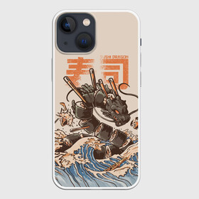 Чехол для iPhone 13 mini с принтом Sushi dragon ,  |  | Тематика изображения на принте: волны | дракон | суши | суши дракон | японские волны | японский дракон