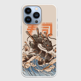 Чехол для iPhone 13 Pro с принтом Sushi dragon ,  |  | Тематика изображения на принте: волны | дракон | суши | суши дракон | японские волны | японский дракон