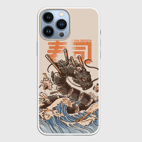 Чехол для iPhone 13 Pro Max с принтом Sushi dragon ,  |  | Тематика изображения на принте: волны | дракон | суши | суши дракон | японские волны | японский дракон