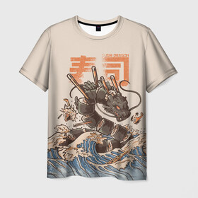 Мужская футболка 3D с принтом Sushi dragon , 100% полиэфир | прямой крой, круглый вырез горловины, длина до линии бедер | Тематика изображения на принте: волны | дракон | суши | суши дракон | японские волны | японский дракон