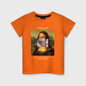 Детская футболка хлопок с принтом Mona Lisa , 100% хлопок | круглый вырез горловины, полуприлегающий силуэт, длина до линии бедер | mona lisa | изготовлена в китае | картина | мона лиза | современное искусство