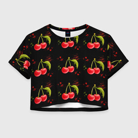 Женская футболка Crop-top 3D с принтом Вишенки , 100% полиэстер | круглая горловина, длина футболки до линии талии, рукава с отворотами | брызги | вишня | красный | сочно | ягода