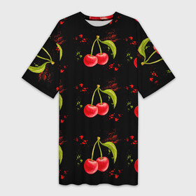 Платье-футболка 3D с принтом Вишенки ,  |  | брызги | вишня | красный | сочно | ягода