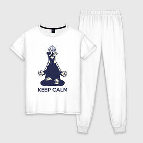 Женская пижама хлопок с принтом Keep Calm , 100% хлопок | брюки и футболка прямого кроя, без карманов, на брюках мягкая резинка на поясе и по низу штанин | bear | calm | keep | keep calm | krown | meditation | корона | медведь | медитация | спокойствие
