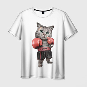 Мужская футболка 3D с принтом Кот боксёр  , 100% полиэфир | прямой крой, круглый вырез горловины, длина до линии бедер | Тематика изображения на принте: арт | животные | искусство | картинка | рисунок