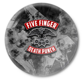 Значок с принтом Five Finger Death Punch ,  металл | круглая форма, металлическая застежка в виде булавки | 5fdp | death | ffdp | finger | five | five finger death punch | punch | грув метал