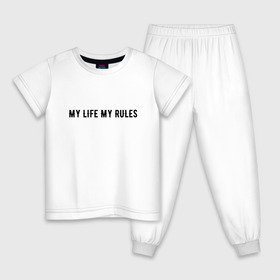 Детская пижама хлопок с принтом MY LIFE MY RULES , 100% хлопок |  брюки и футболка прямого кроя, без карманов, на брюках мягкая резинка на поясе и по низу штанин
 | Тематика изображения на принте: life | my | rules | жизнь | знаменитая | минимализм | мои | моя | на | надпись | правила | простая | цитата