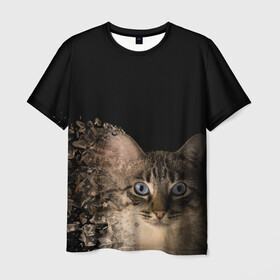 Мужская футболка 3D с принтом Disintegrating Cat , 100% полиэфир | прямой крой, круглый вырез горловины, длина до линии бедер | cat | азулес | атомный кот | голубоглазая кошка | голубоглазый кот | голубоглазый котик | кот | кот к | кот распадающийся на атомы | кот с голубыми глазами | котик | котэ | кошак | кошачий портрет